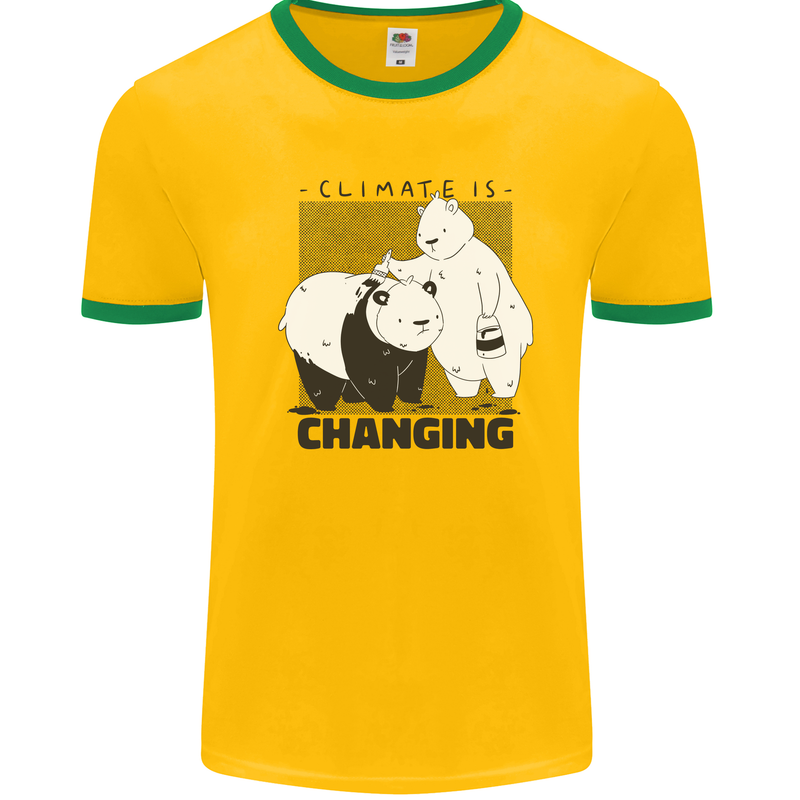 Climate Change Polar Bears Environment Mens Ringer T-Shirt Gold/Green