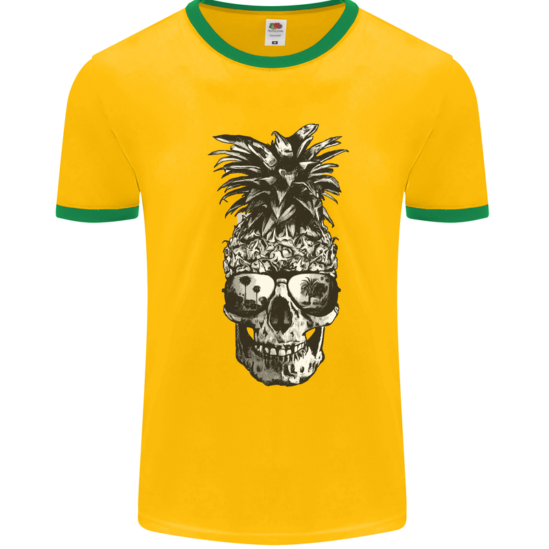 Pineapple Skull Surf Surfing Surfer Holiday Mens White Ringer T-Shirt Gold/Green