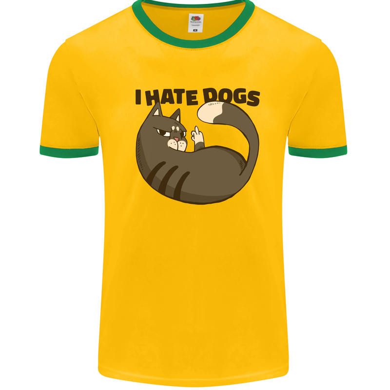 I Hate Dogs Funny Cat Lover Mens White Ringer T-Shirt Gold/Green