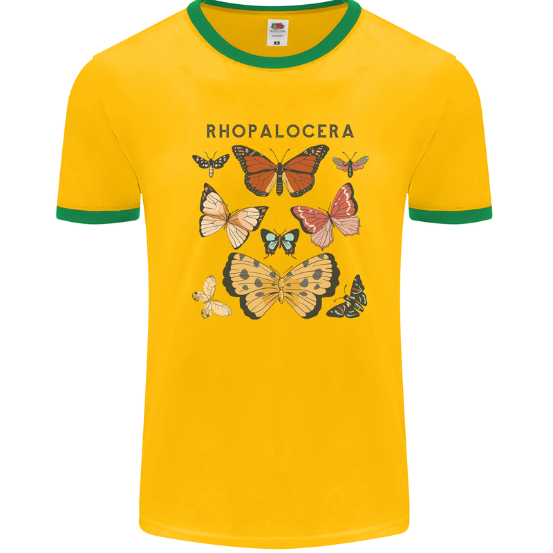 Rhopalocera Butterfies Butterfly Mens White Ringer T-Shirt Gold/Green