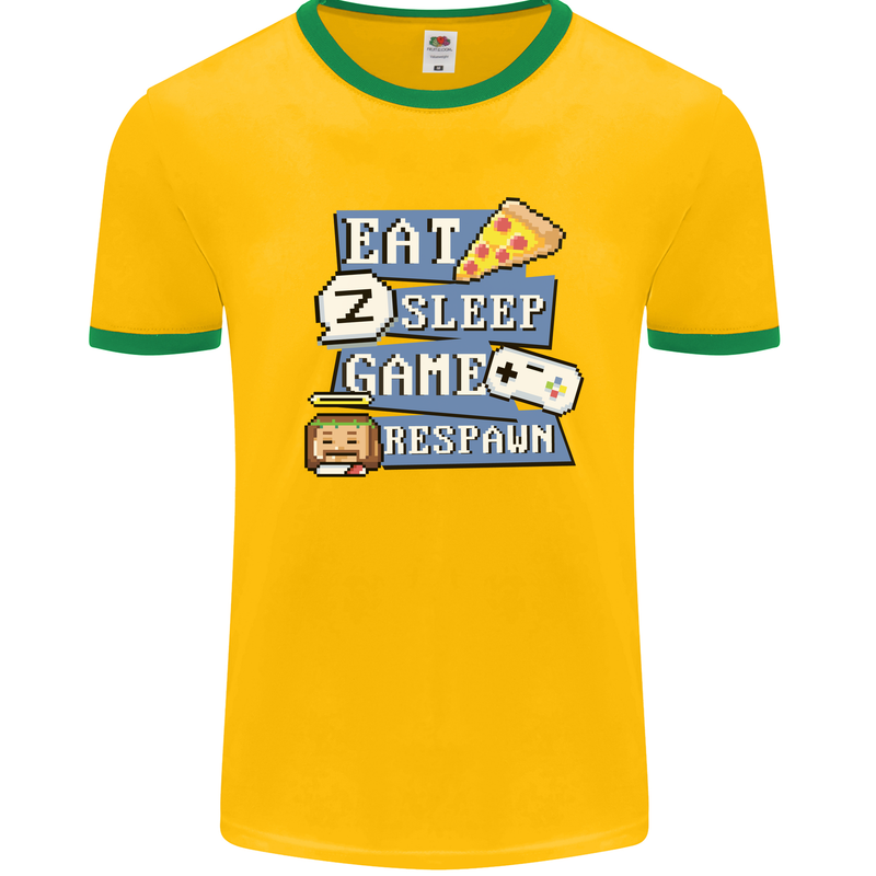 Gaming Eat Sleep Game Respawn Gamer Arcade Mens White Ringer T-Shirt Gold/Green