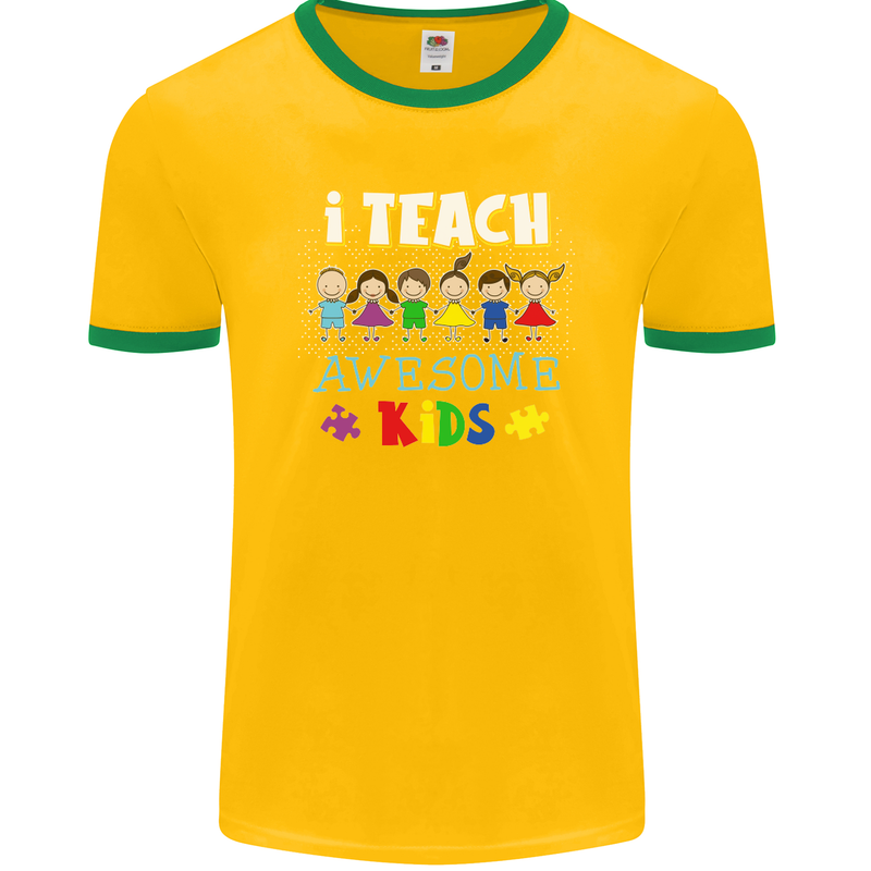 Autism Teacher I Teach Awesome Kid Autistic Mens Ringer T-Shirt FotL Gold/Green