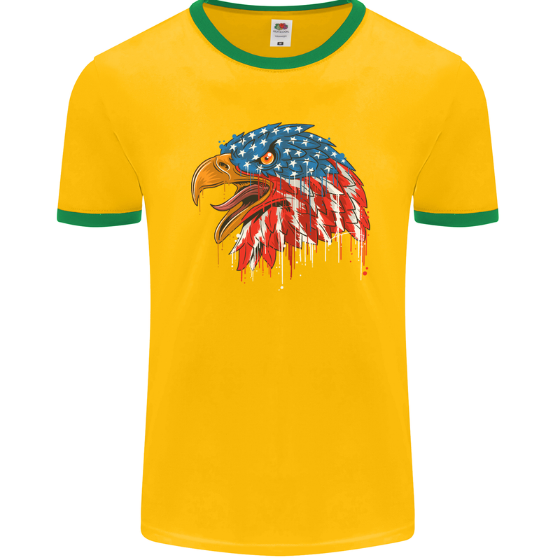 American Eagle USA Flag July 4th Mens Ringer T-Shirt FotL Gold/Green