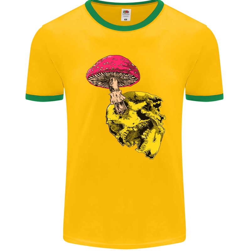 Mushroom Skull Toadstool Magic Gothic Mens Ringer T-Shirt FotL Gold/Green