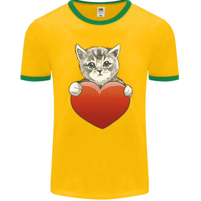 A Cute Cat With a Heart Love Valentines Day Mens Ringer T-Shirt FotL Gold/Green