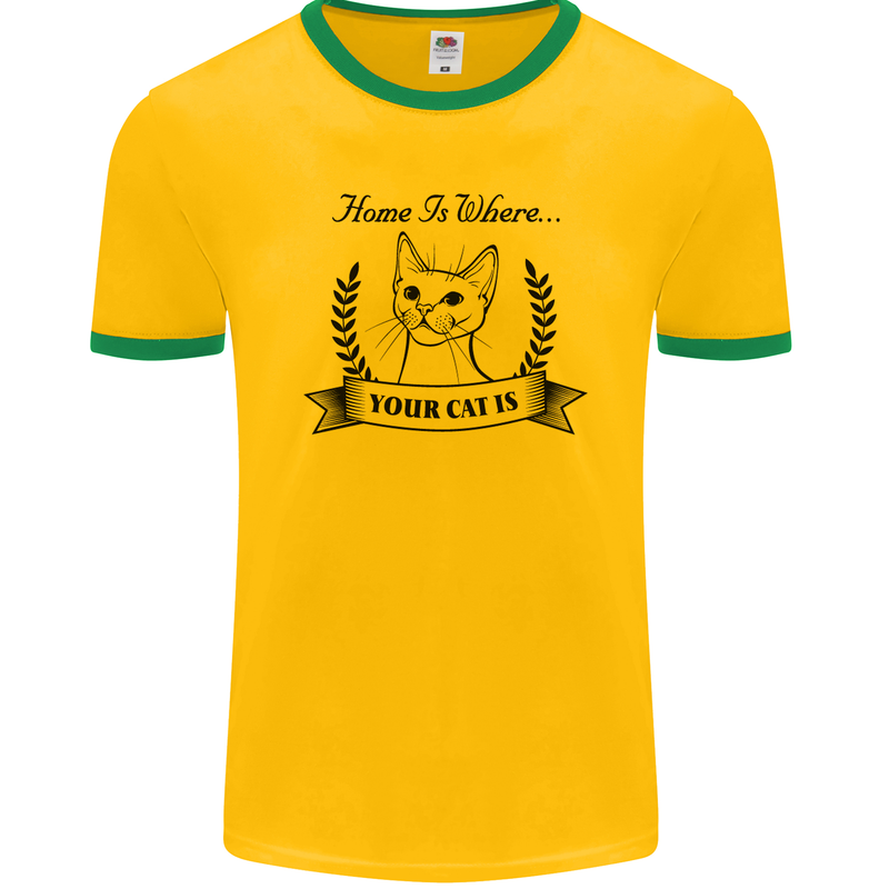 Home Is Where Your Cat Is Funny Kitten Mens Ringer T-Shirt FotL Gold/Green