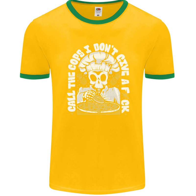 Offensive Pizza Eating Skull Chef Mens Ringer T-Shirt FotL Gold/Green