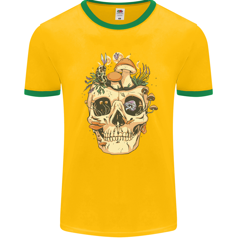 Mushroom Skull Nature Ecology Toadstool Mens Ringer T-Shirt FotL Gold/Green