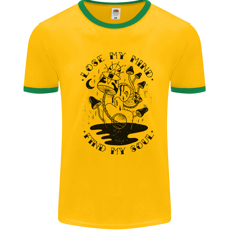 Lose My Mind Funny Magic Mushrooms Drugs Mens White Ringer T-Shirt Gold/Green