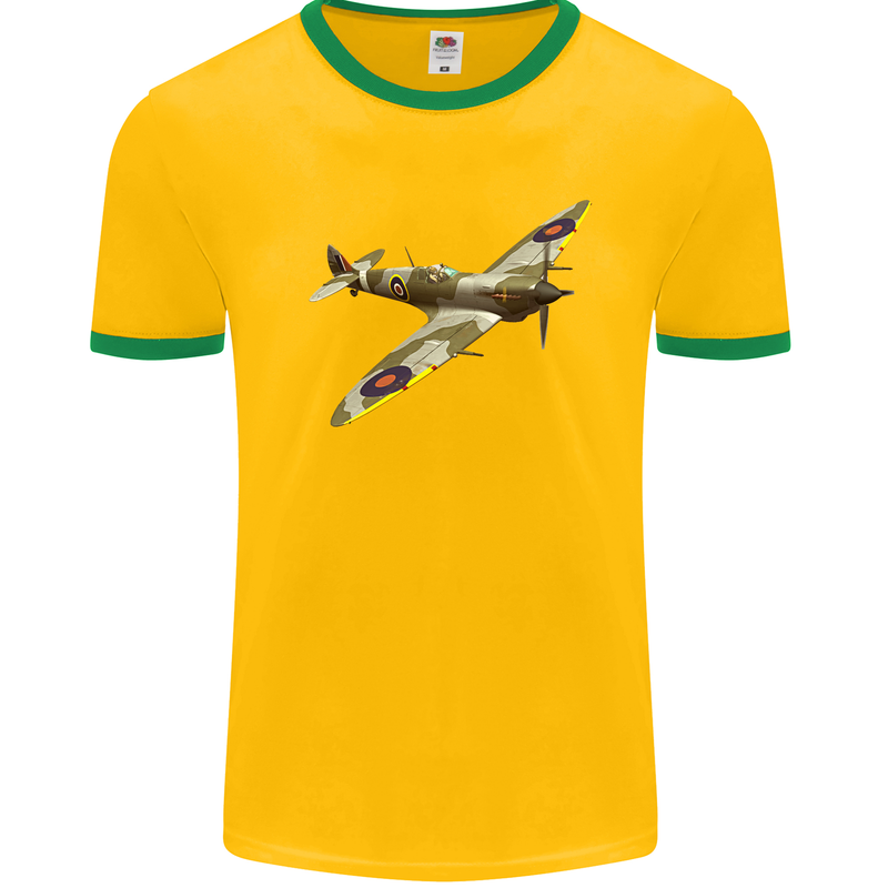 A Supermarine Spitfire Fying Solo Mens White Ringer T-Shirt Gold/Green