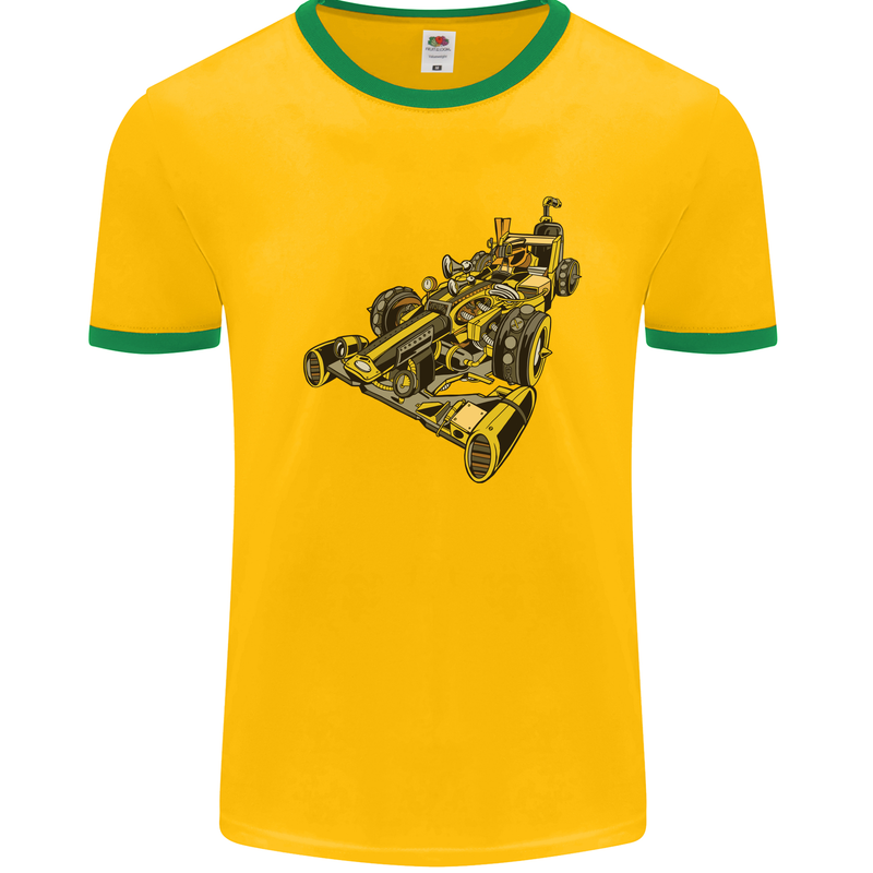 Steampunk Racing Car Mens White Ringer T-Shirt Gold/Green