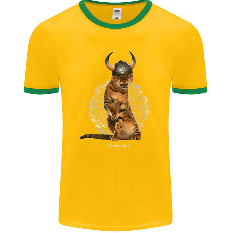 Funny Viking Cat The Vanquisher Mens Ringer T-Shirt FotL Gold/Green