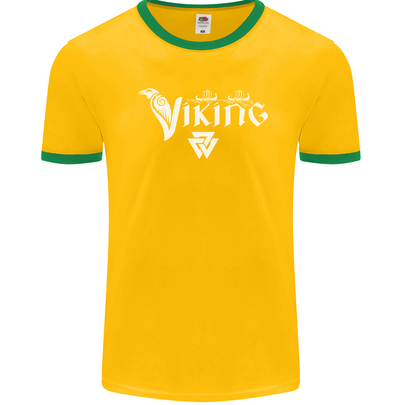 Viking Thor Odin Valhalla Norse Mythology Mens Ringer T-Shirt FotL Gold/Green