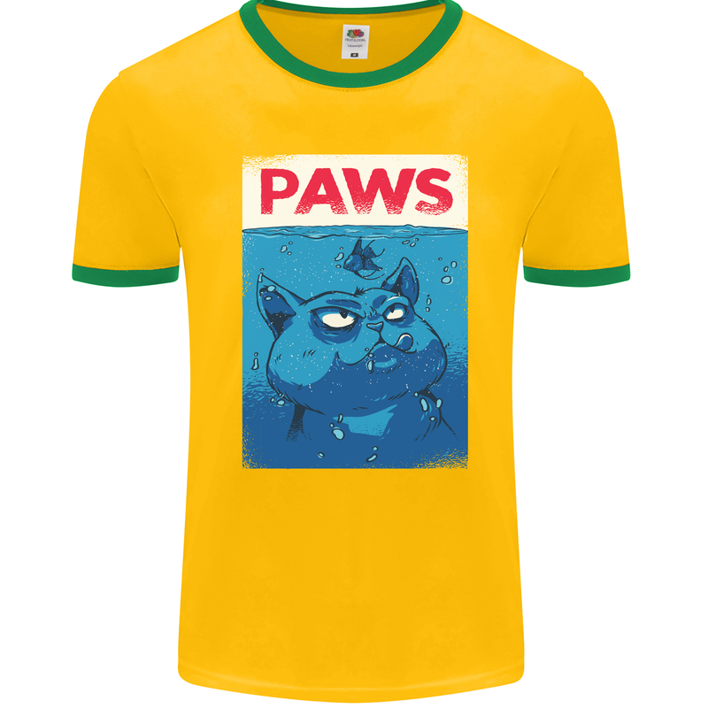 Paws Funny Cat and Goldfish Parody Mens Ringer T-Shirt FotL Gold/Green