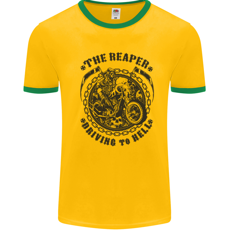 Grim Reaper Motorbike Motorcycle Biker Mens White Ringer T-Shirt Gold/Green