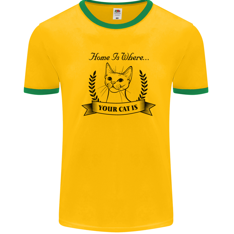 Home Is Where Your Cat Is Funny Kitten Mens White Ringer T-Shirt Gold/Green