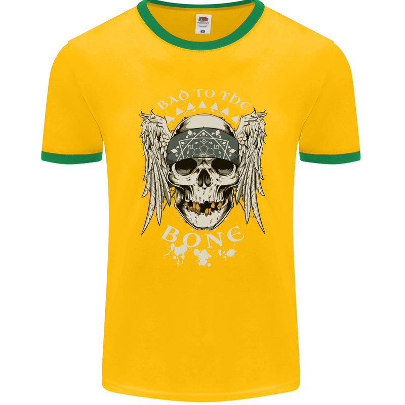 Bad 2 the Bone Biker Skull Angel Motorcycle Mens Ringer T-Shirt FotL Gold/Green