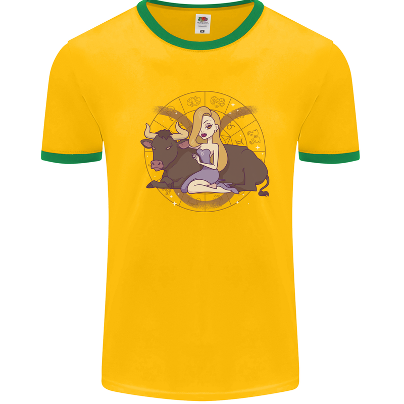 Taurus Star Sign Zodiac Astrological Mens Ringer T-Shirt Gold/Green