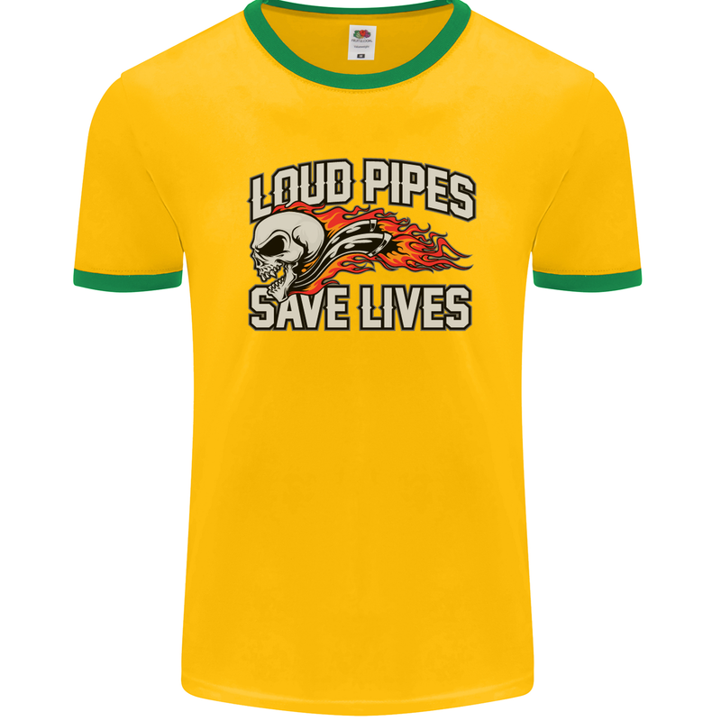 Biker Loud Pipes Saves Lives Motorcycle Mens Ringer T-Shirt FotL Gold/Green