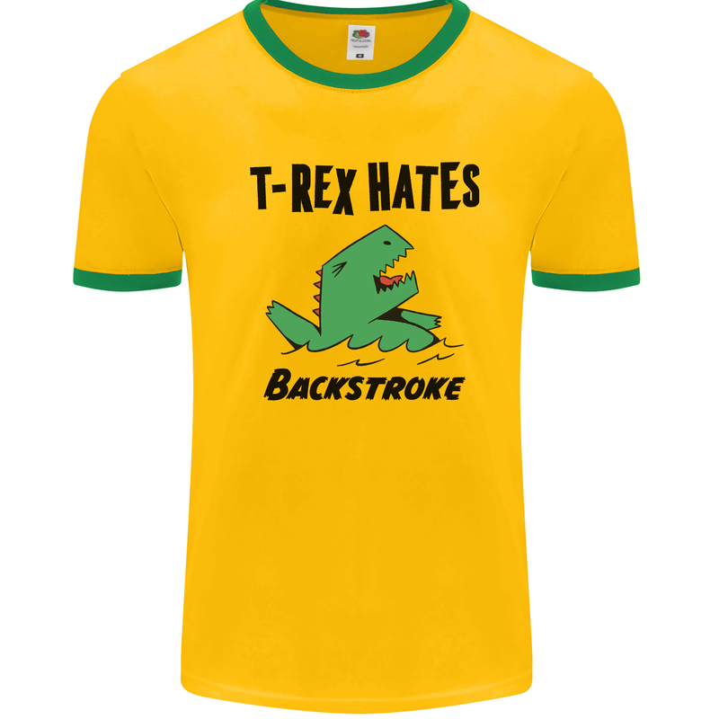 T-Rex Hates Backstroke Funny Swimming Swim Mens White Ringer T-Shirt Gold/Green