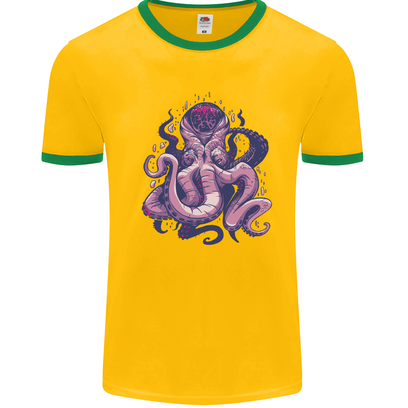 Purple Cthulhu Kraken Octopus Mens White Ringer T-Shirt Gold/Green