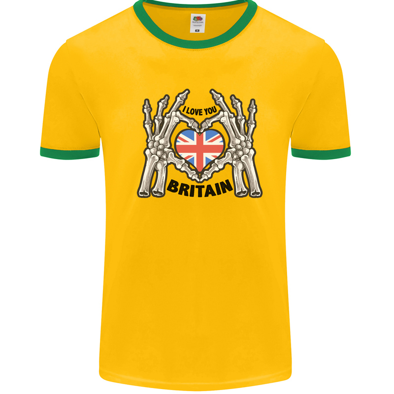 I Love You Great Britain Union Jack Flag UK Mens White Ringer T-Shirt Gold/Green