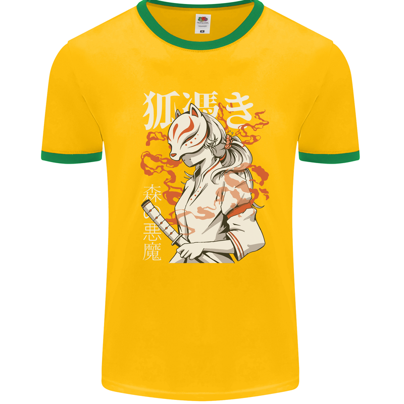 Japanese Kitsune Paranormal Fox Mens White Ringer T-Shirt Gold/Green