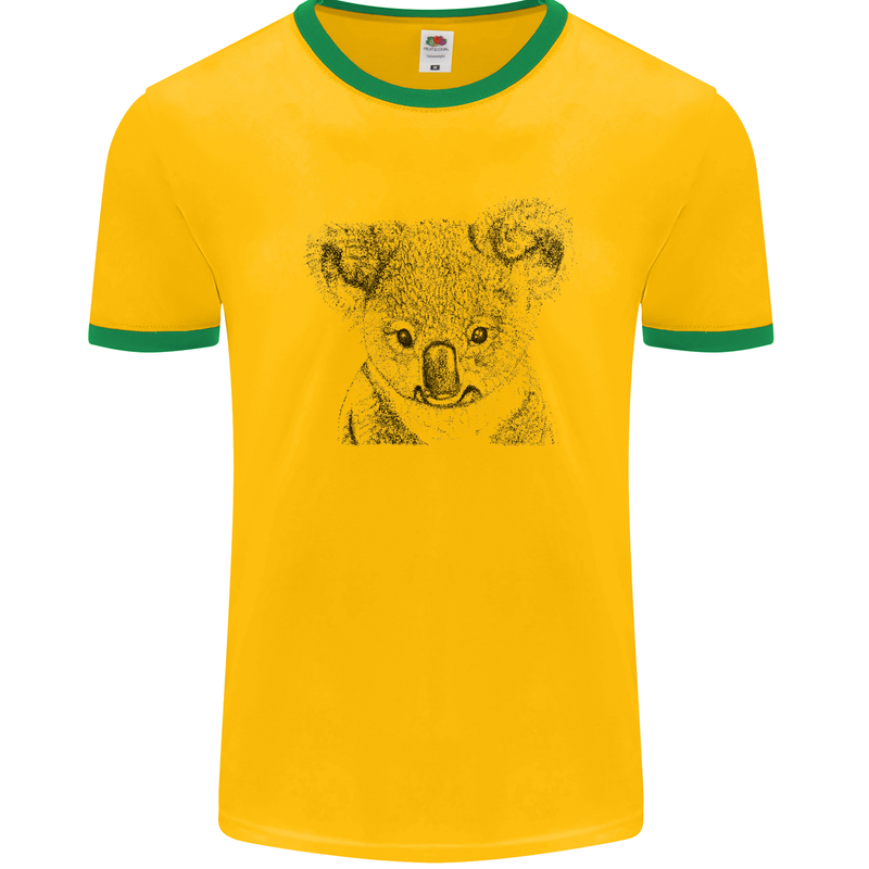 Koala Bear Sketch Ecology Environment Mens White Ringer T-Shirt Gold/Green