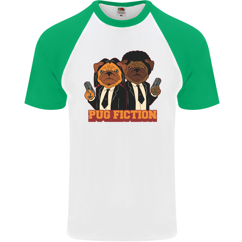 Dogs Pug Fiction Funny Movie Parody Mens S/S Baseball T-Shirt White/Green