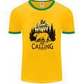 The Woods Calling Camping Trekking Bear Mens Ringer T-Shirt Gold/Green