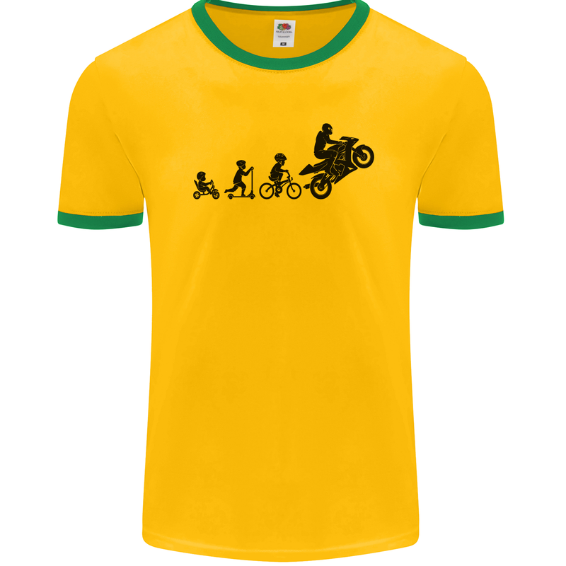 Motorbike Evolution Funny Biker Motorcycle Mens Ringer T-Shirt FotL Gold/Green