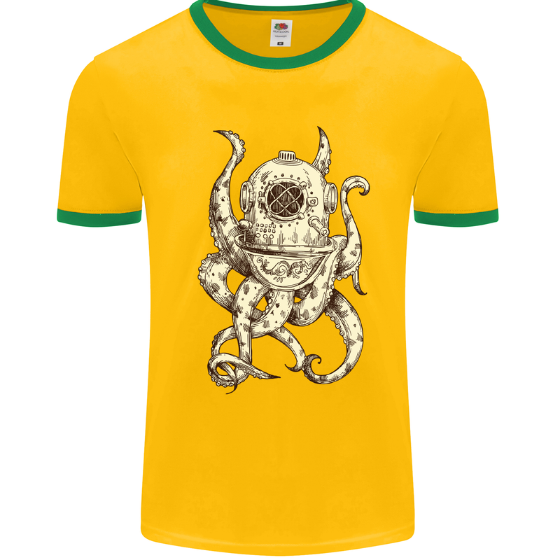 Steampunk Octopus Kraken Cthulhu Mens White Ringer T-Shirt Gold/Green