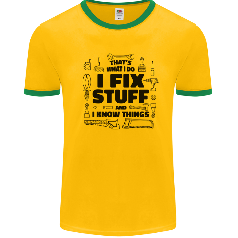 I Fix Stuff Funny Handyman Tradesman DIY Mens White Ringer T-Shirt Gold/Green