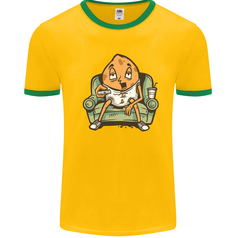 Funny Lazy Couch Potato Watchng TV Mens White Ringer T-Shirt Gold/Green