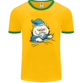 A Cat In Bed Under the Duvet Mens White Ringer T-Shirt Gold/Green