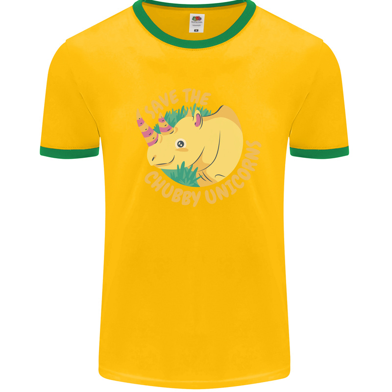 Save the Chbby Unicorns Funny Rhino Mens White Ringer T-Shirt Gold/Green