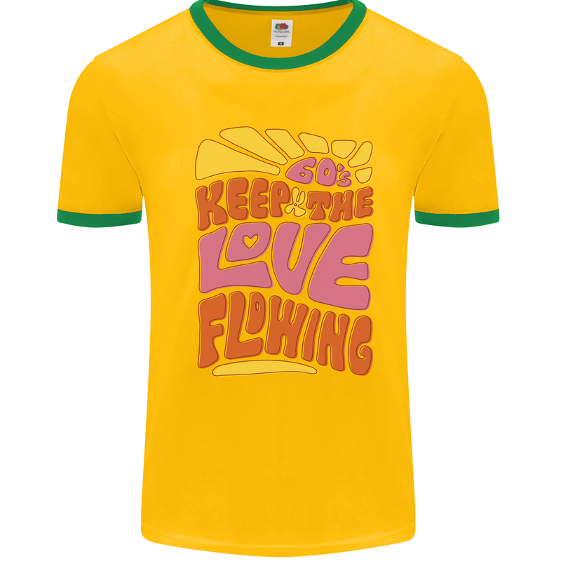 60s Keep the Love Flowing Funny Hippy Peace Mens White Ringer T-Shirt Gold/Green