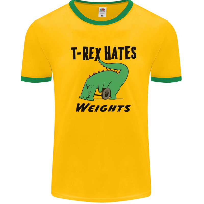 T-Rex Hates Weights Funny Gym Workout Mens White Ringer T-Shirt Gold/Green