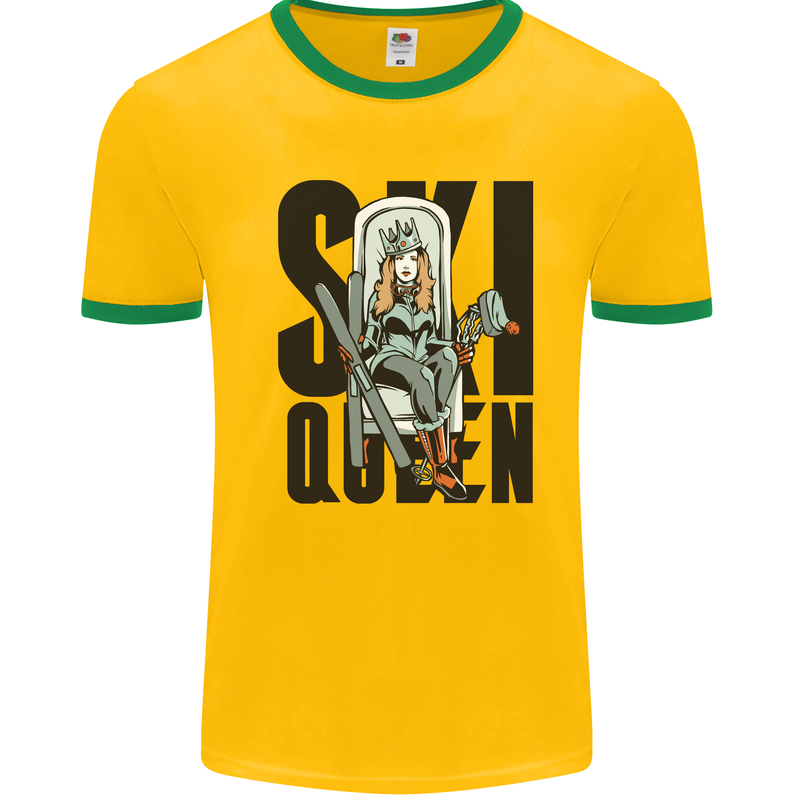 Ski Queen Funny Skiing Mens Ringer T-Shirt Gold/Green