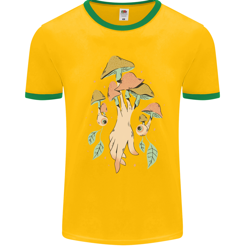Trippy Magic Mushrooms With Eyes Mens White Ringer T-Shirt Gold/Green