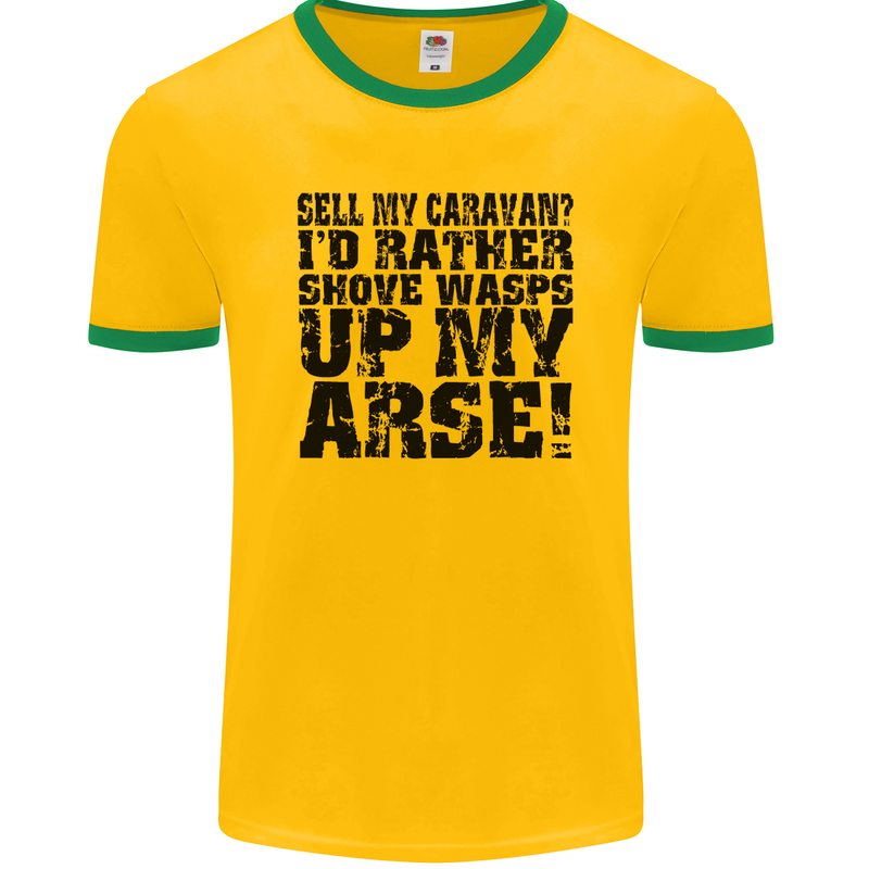 Sell My Caravan? Caravanning Funny Holiday Mens Ringer T-Shirt FotL Gold/Green