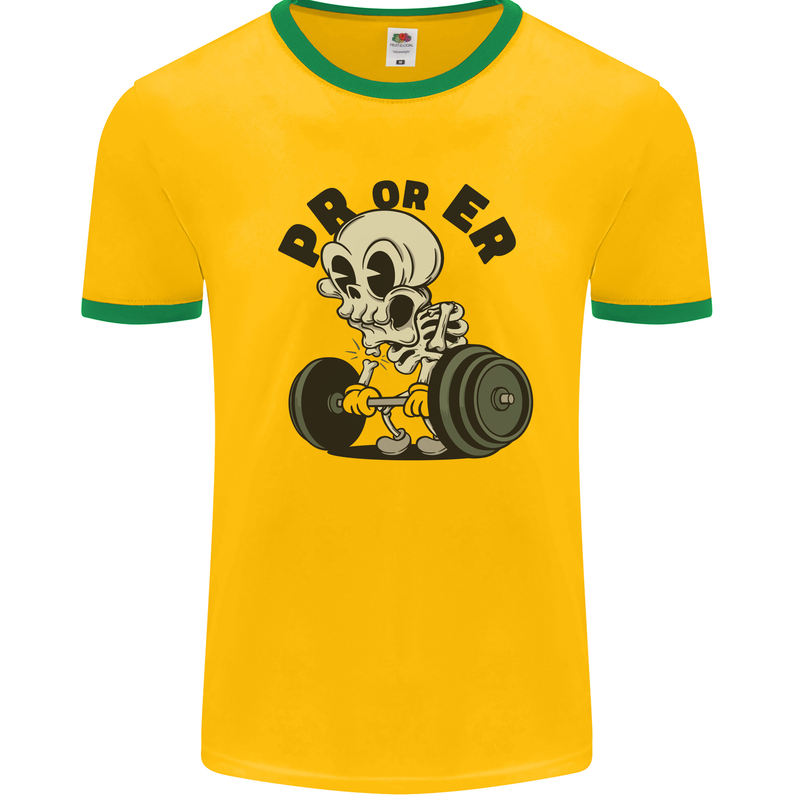 PR or ER Gym Bodybuilding Training Mens Ringer T-Shirt Gold/Green