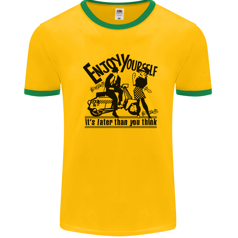 2Tone Enjoy Yourself 2 Tone SKA Music Mens White Ringer T-Shirt Gold/Green