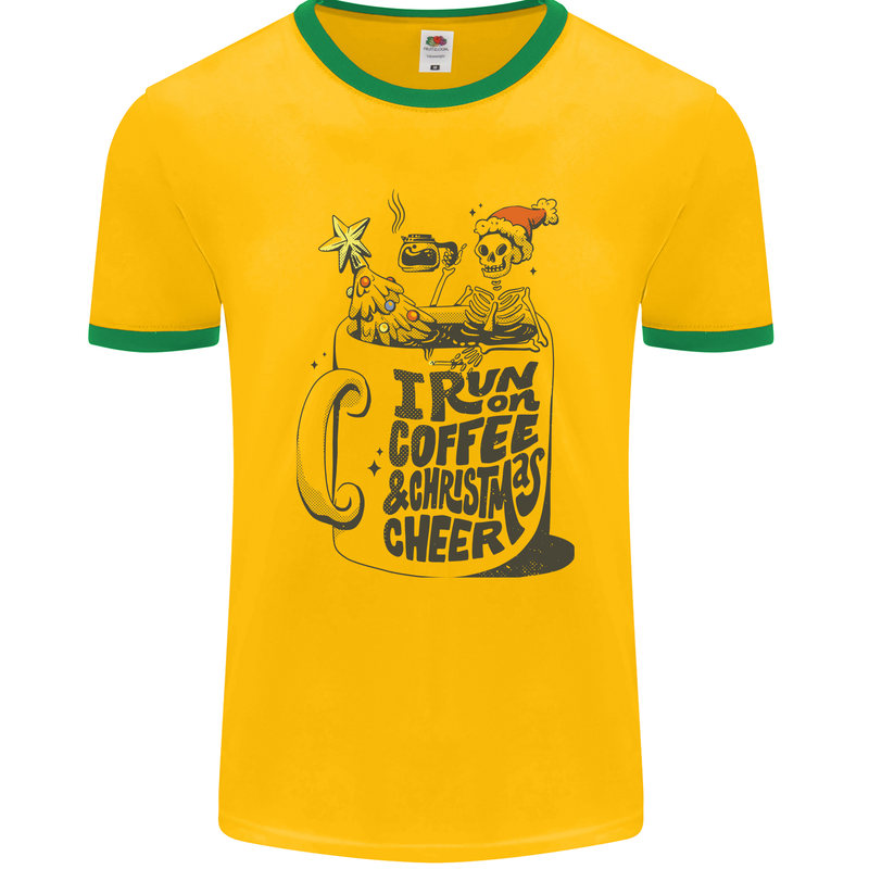 I Run On Coffee and Christmas Cheer Skull Mens Ringer T-Shirt FotL Gold/Green