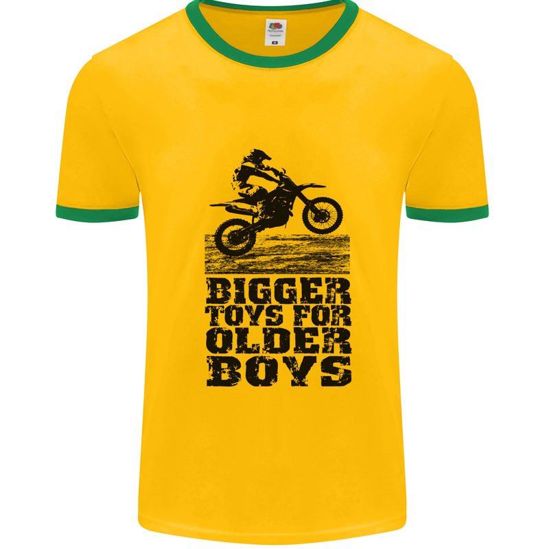 Motocross Bigger Toys Older Boys MotoX Mens White Ringer T-Shirt Gold/Green
