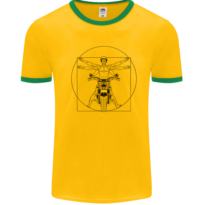 Vitruvian Biker Motorcycle Motorbike Mens White Ringer T-Shirt Gold/Green