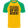 Give up Footy? Football Player Mens S/S Baseball T-Shirt Gold/Green
