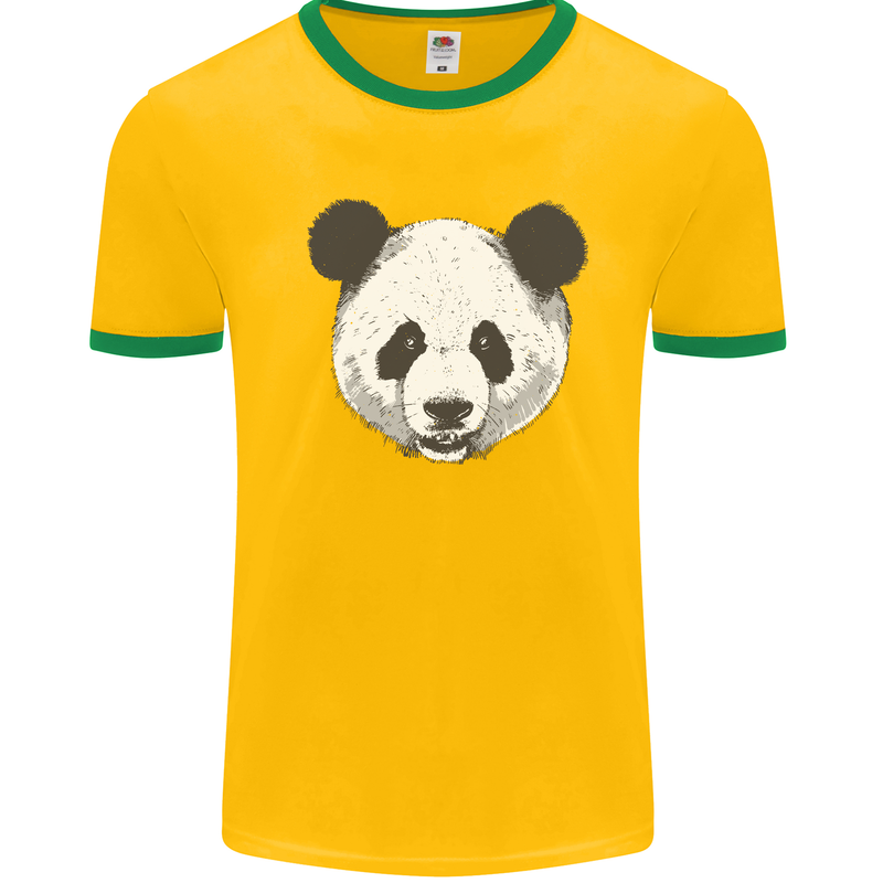 A Panda Bear Face Mens White Ringer T-Shirt Gold/Green