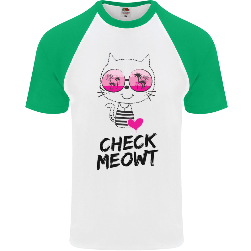 Check Meowt Mens S/S Baseball T-Shirt White/Green
