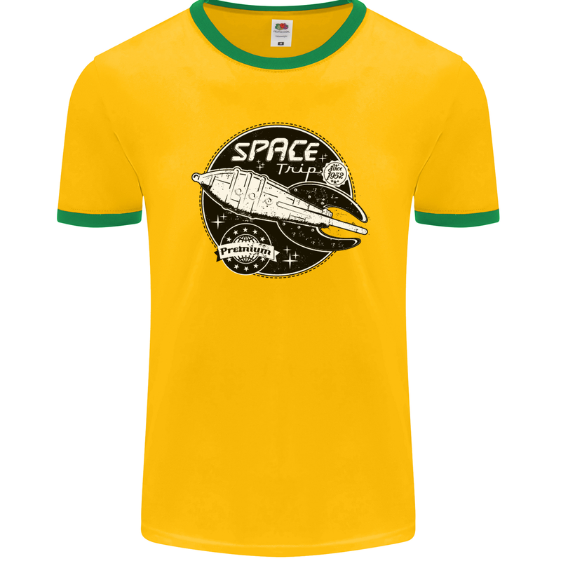 Space Trip Rocket Ship Astronaut Mens Ringer T-Shirt FotL Gold/Green